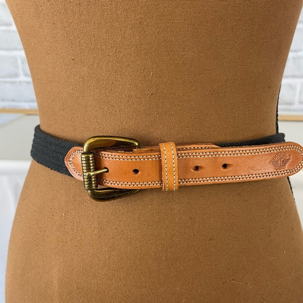 Vintage 90’s Dockers Black Fabric and Tan Leather Belt Gold Buckle Size Medium